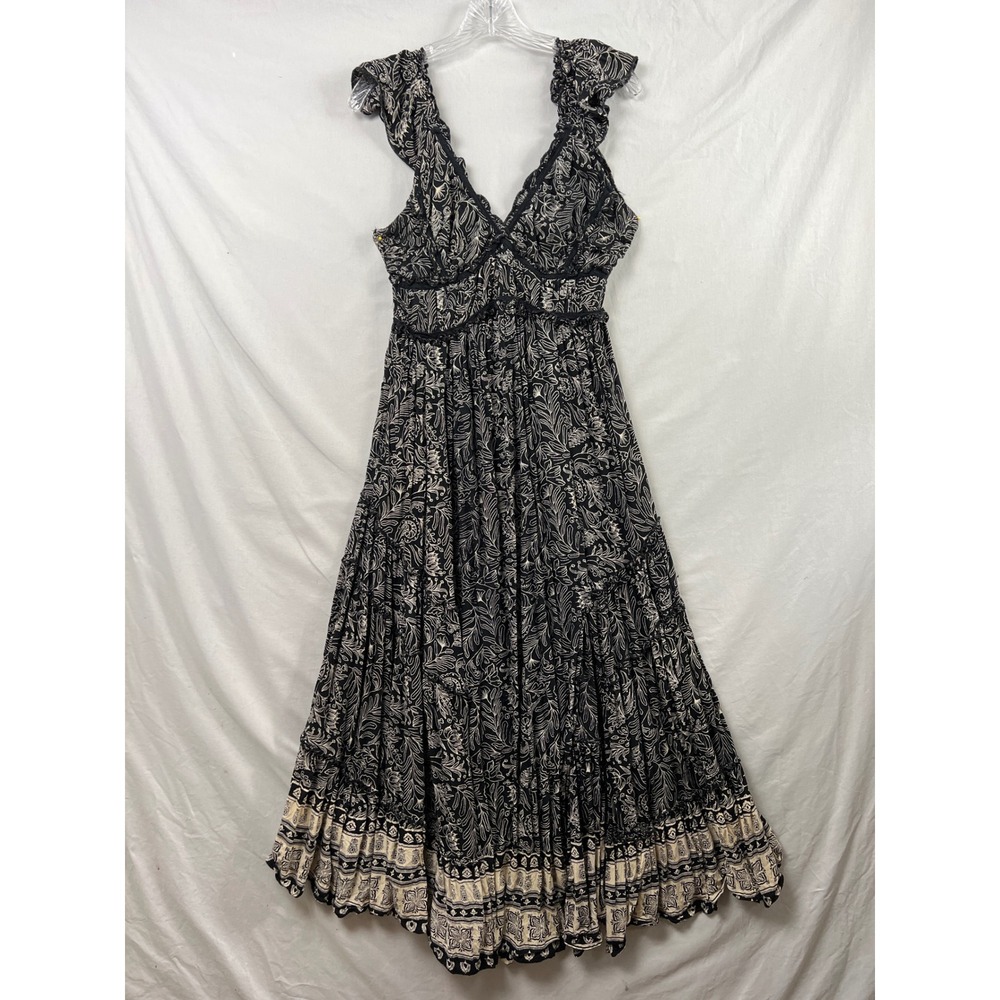 Angie Maxi Dress Womens Medium Black Floral Smocked Flutter Sleeve Boho Tiered